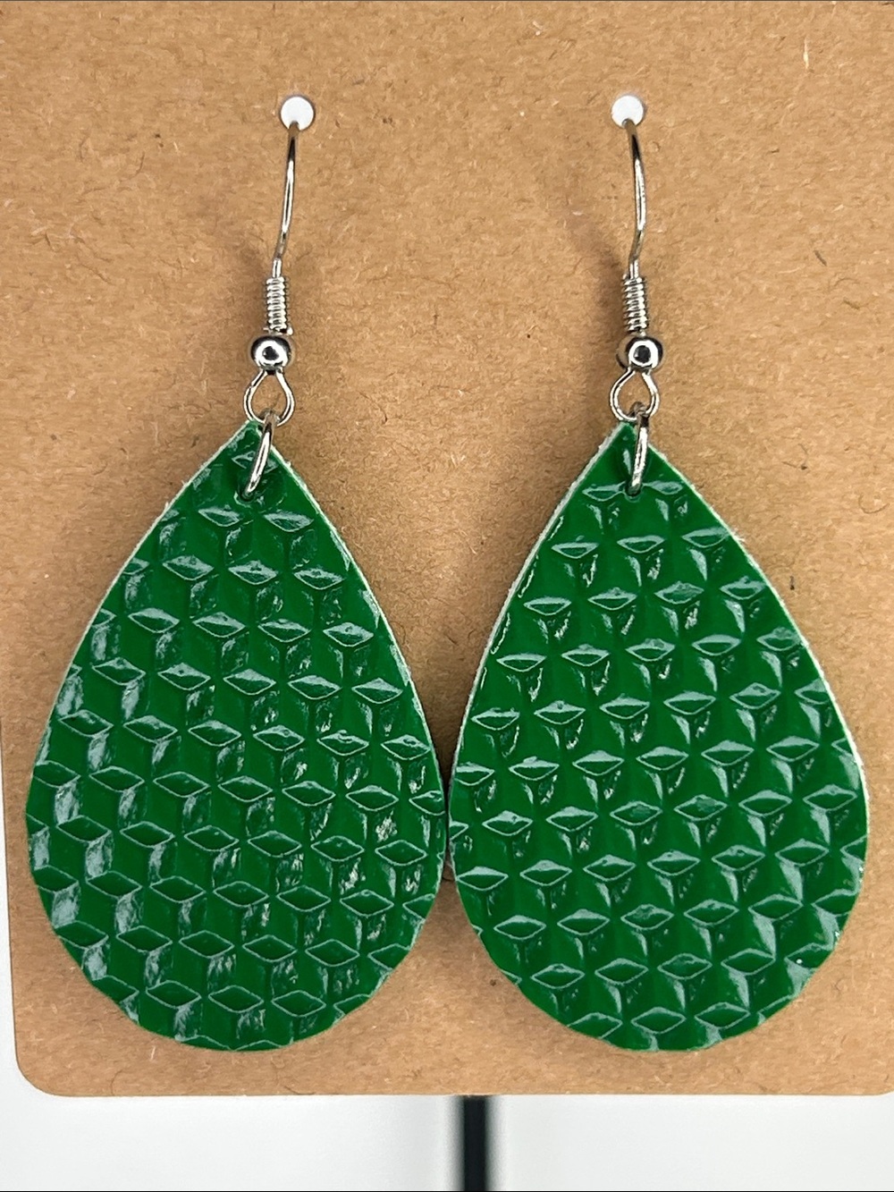 *LAST ONE* Mini Faux Leather Teardrop Earrings Green Textured Fashion Jewelry